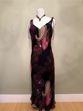 LAPIS Vintage Y2K Paisley Beaded Midi Maxi Dress - Tie Shoulder Mesh Small